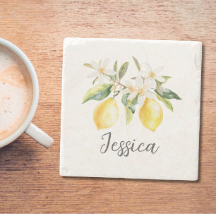 Monogramm Zitrusfrüchte Weiße Blumen Baumzweig Steinuntersetzer