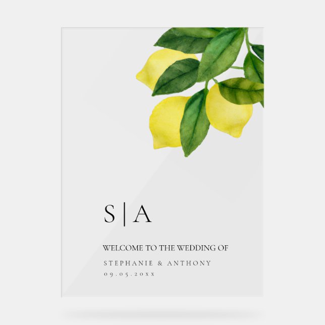 Monogramm Zitruszweig Lemonengrün Hochzeit  Acrylschild (Vorderseite)
