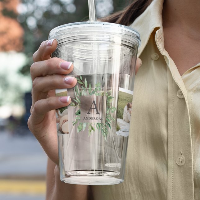 Monogramm Zwei Foto | Personalisierter Grünrahmen Acryltrinkbecher (Von Creator hochgeladen)