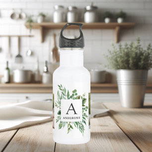 Monogramm Zwei Fotos Personalisierter Grünrahmen Edelstahlflasche