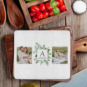 Monogramm Zwei Fotos Personalisierter Grünrahmen Schneidebrett