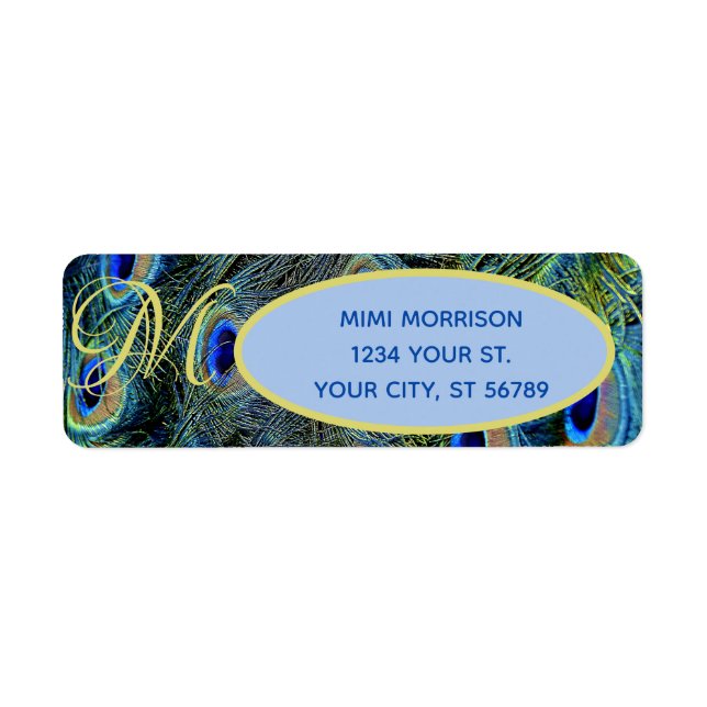 Monogrammable Blue Gold Peacock Feather Labels (Vorne)