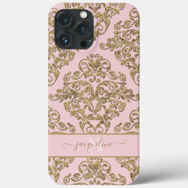 Monogrammatiertes Girly Pink n Gold Glitter Damask Case-Mate iPhone Hülle (Rückseite)