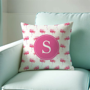 Monogrammatikales tropisches Pink Flamingo Muster Kissen