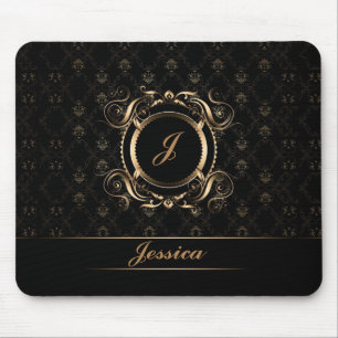 Monogrammatikalische schwarze und goldene Floral C Mousepad