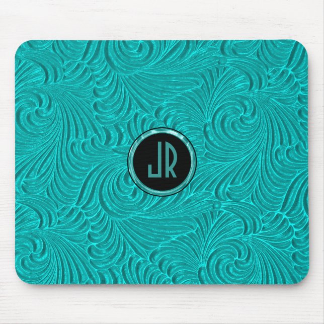 Monogrammatikalische türkisfarbene Embossed Floral Mousepad (Vorne)