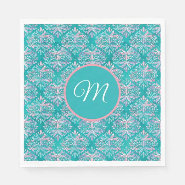 Monogrammatisches Aquamarines Muster Napkins Serviette (Vorderseite)