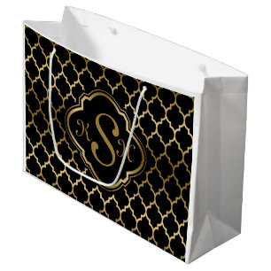 Monogrammatisches Gold & Black Quatrefolienmuster Große Geschenktüte