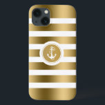 Monogrammatisches Gold & White Stripes Nautical An Case-Mate iPhone Hülle<br><div class="desc">Elegantes modernes Design goldene Streifen über weißem Hintergrund. Weißer nautischer Anker. Anpassbare und optionale Monogramm.</div>