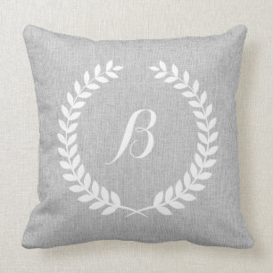 Monogrammatisches Leicht-Grau-Linen & Weiße Blumen Kissen