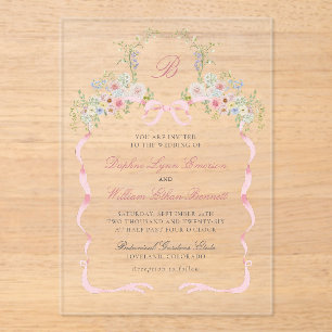 Monogrammbänder und Blumen Hochzeit Acryleinladungen