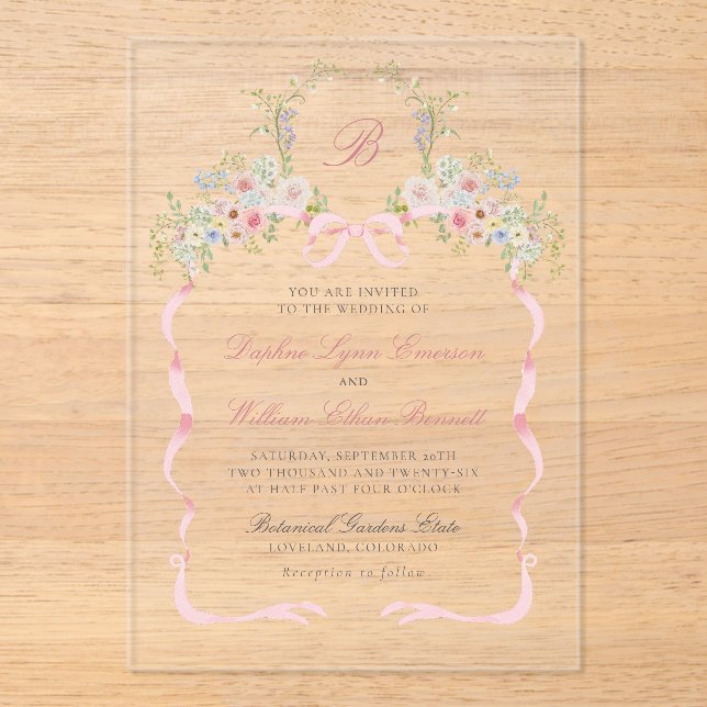 Monogrammbänder und Blumen Hochzeit Acryleinladungen (Vorderseite)