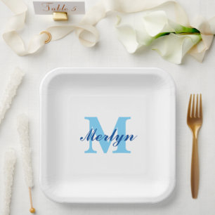 Monogramme Blaue Geburtstage Baby-Shower Elegant Pappteller