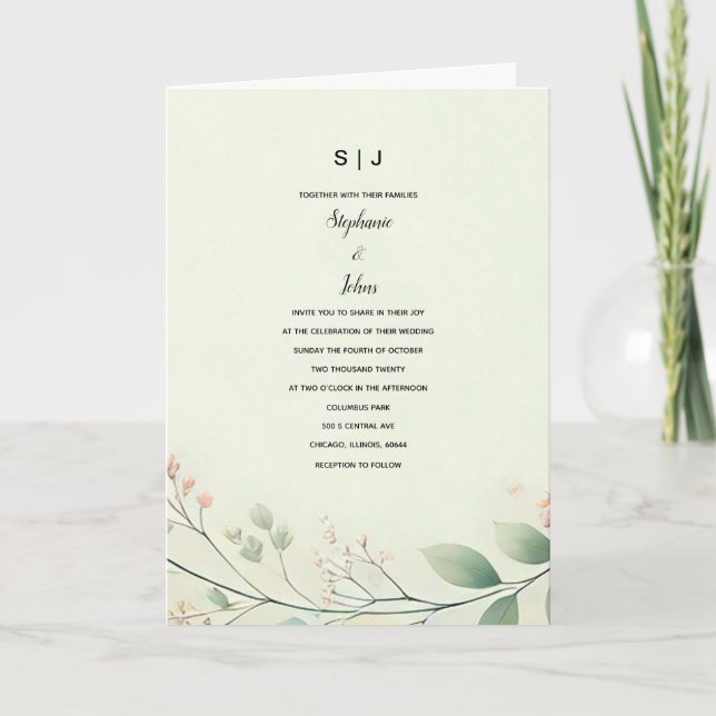 Monogramme Floral Blätter Beige Seite Grün Hochzei Einladung (Vorderseite)