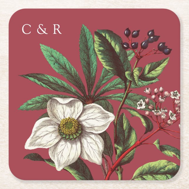 Monogramme Moderne Vintage Weihnachtsfeiertage Ros Rechteckiger Pappuntersetzer (Vorderseite)