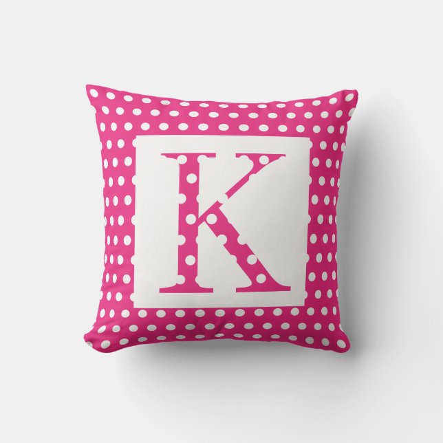 Monogramme Pink White Polka Dots farbenfroh einzig Kissen (Vorderseite)