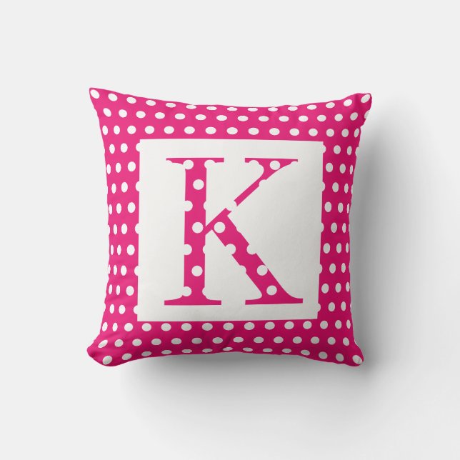 Monogramme Pink White Polka Dots farbenfroh einzig Kissen (Vorderseite)