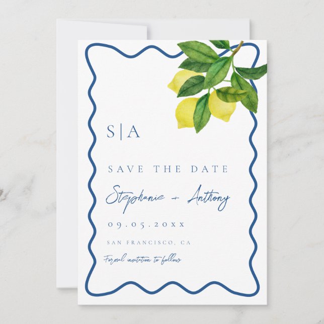 Monogramme Zitronenfrüchte, Hochzeitssonne an der  Save The Date (Vorderseite)