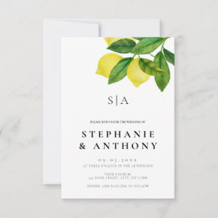 Monogramme Zitronenzweig Grünzeug Hochzeit Einladung