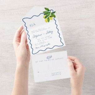 Monogramme Zitrus-Limonen, Blaue Wellenrand-Hochze All In One Einladung