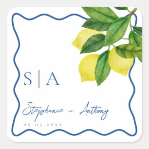 Monogramme Zitrus-Limonen, Blaue Wellenrand-Hochze Quadratischer Aufkleber