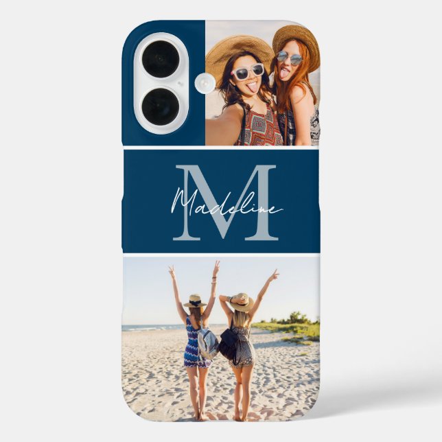 Monogrammed 2 Photo Collage Blue Case-Mate iPhone Hülle (Rückseite)