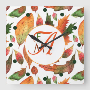 Monogrammed Autumn Leaves Fall Orange Green Decor Quadratische Wanduhr