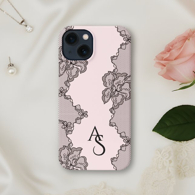 Monogrammed Black Pink Floral Lace  iPhone Hülle (Von Creator hochgeladen)