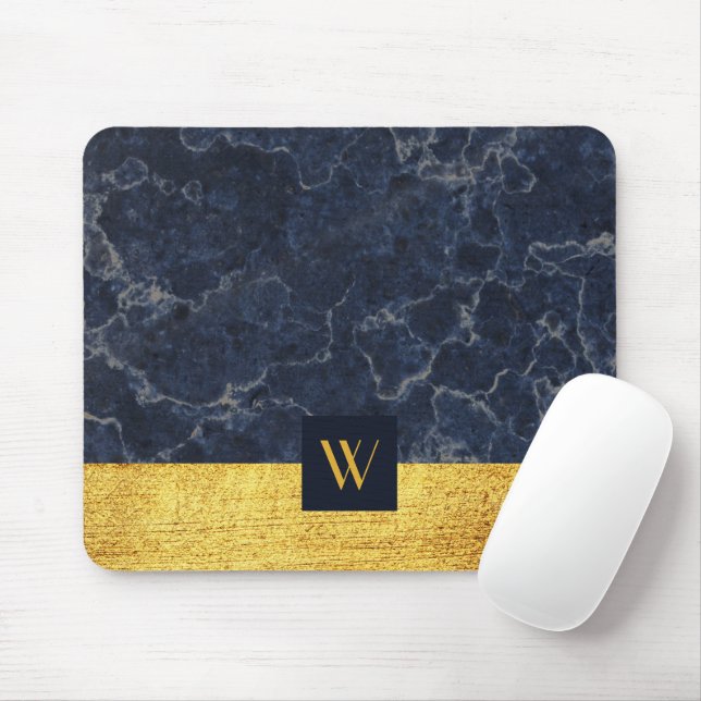 Monogrammed Blue Marble Falsch Gold Textur Print Mousepad (Mit Mouse)