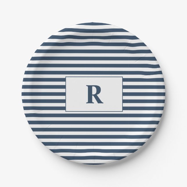 Monogrammed Blue/White Stripes Pappteller (Vorderseite)