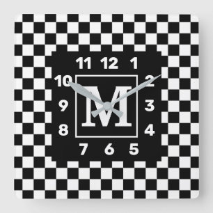 Monogrammed BW Checkered Square Wall Clock Quadratische Wanduhr
