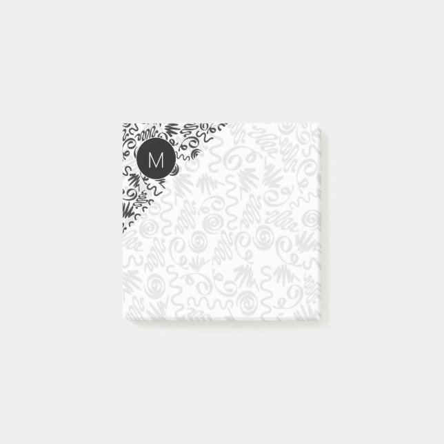 Monogrammed Doodle Curls Black and White Post-it Klebezettel (Vorderseite)