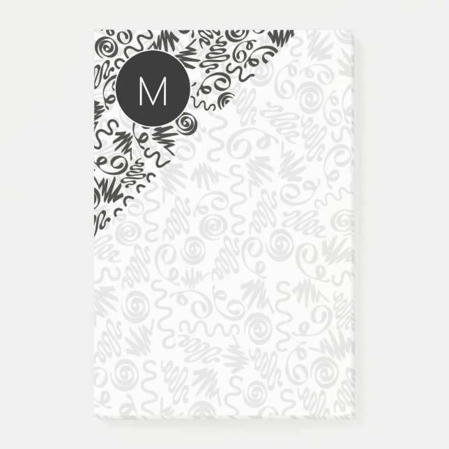 Monogrammed Doodle Curls Black and White Post-it Klebezettel (Vorderseite)