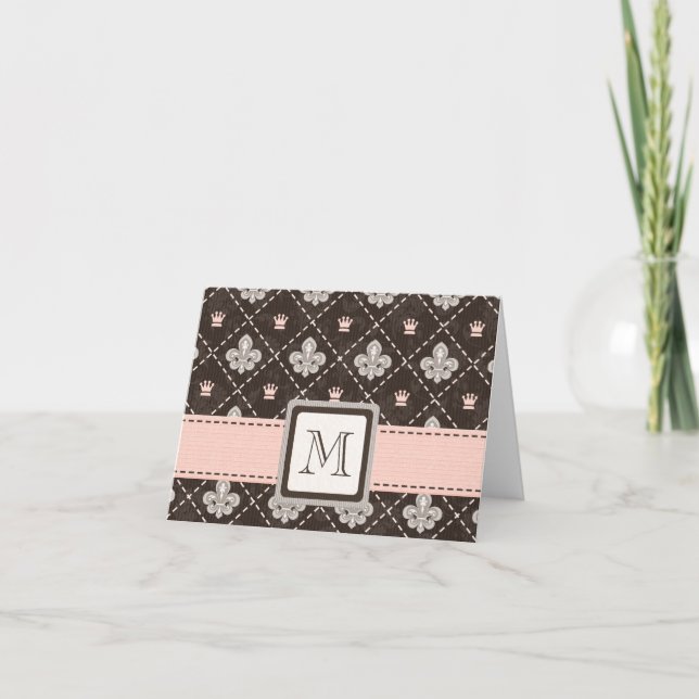 Monogrammed Fleur de Lis Note Cards Pink and Brown (Vorderseite)