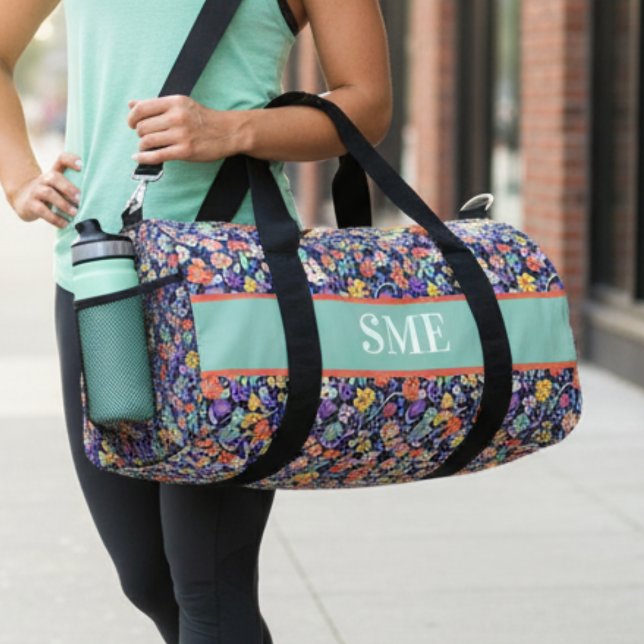 Monogrammed Floral Pattern Gym Bag Duffle Bag (Monogram floral gym bag)