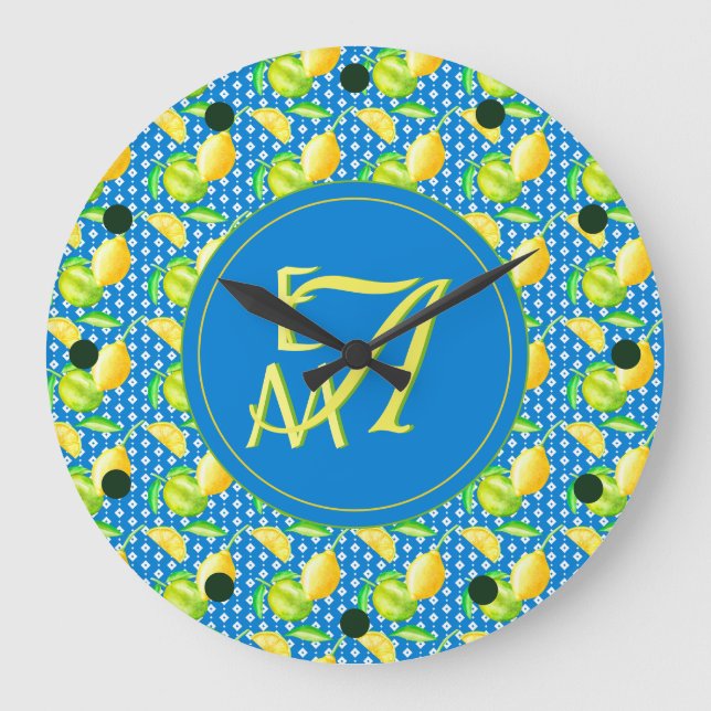 Monogrammed Lemon Tree Azure Blue Newlywed Decor Große Wanduhr (Vorderseite)