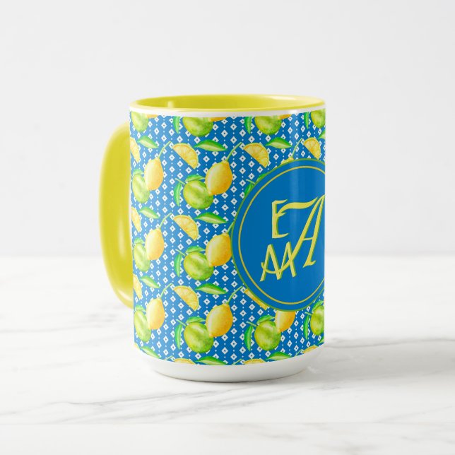 Monogrammed Lemon Tree Azure Blue Newlywed Decor Tasse (Vorderseite Links)