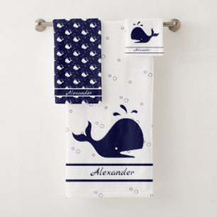 Monogrammed Name Cartoon Whale Navy Blue White Badhandtuch Set