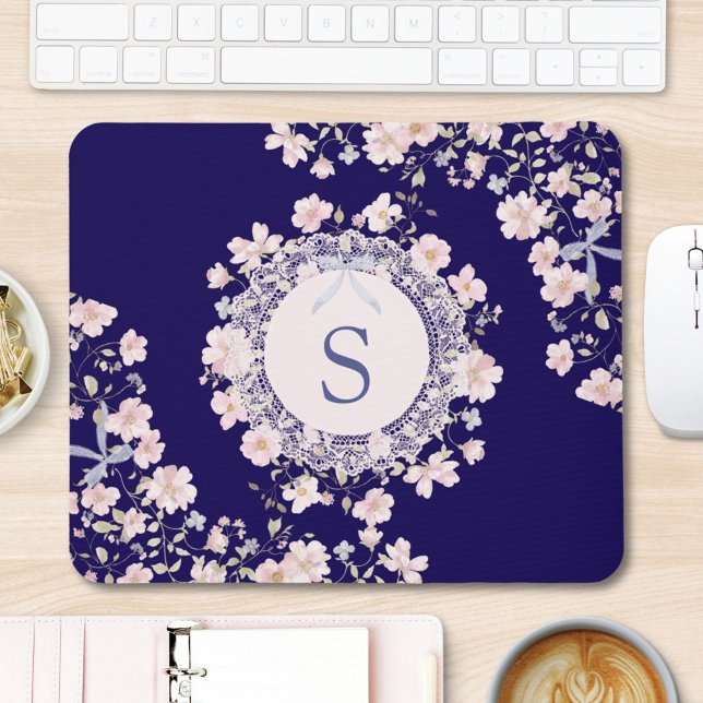 Monogrammed Pink Flowers and Lace Floral Mousepad (In situ)