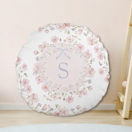 Monogrammed Pink Flowers and Lace Floral Rundes Kissen