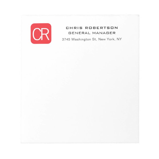 Monogrammed Red White Professional Plain Notizblock (Vorderseite)