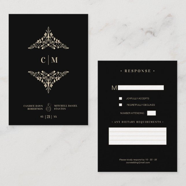 Monogrammed RSVP Gold Wedding Initials Flourish Begleitkarte (Vorne/Hinten)