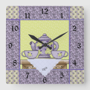Monogrammed Teapot Quilt Patch Wall Clock Quadratische Wanduhr