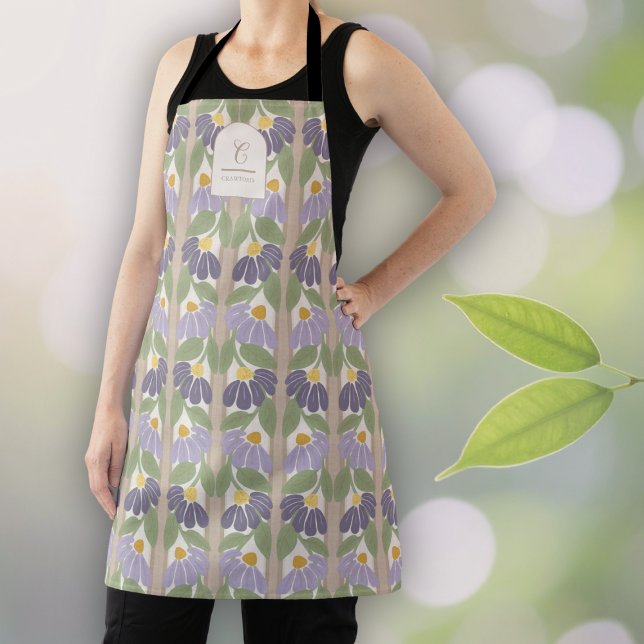 Monogrammed Vintage Purple Floral Apron  Schürze (Vintage Floral Apron – Purple Daisy Kitchen or Gardening Gift with Botanical Stripe Design)