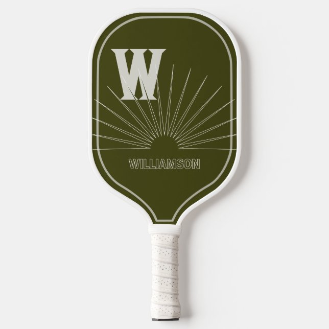 Monogrammiert mit Sunburst & Name Olive green Pickleball Schläger (Vorderseite)