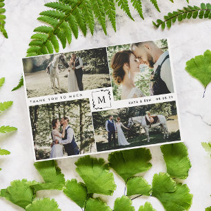 Monogrammierte 4-Foto-Collage-Hochzeits-Dankeskart Dankeskarte