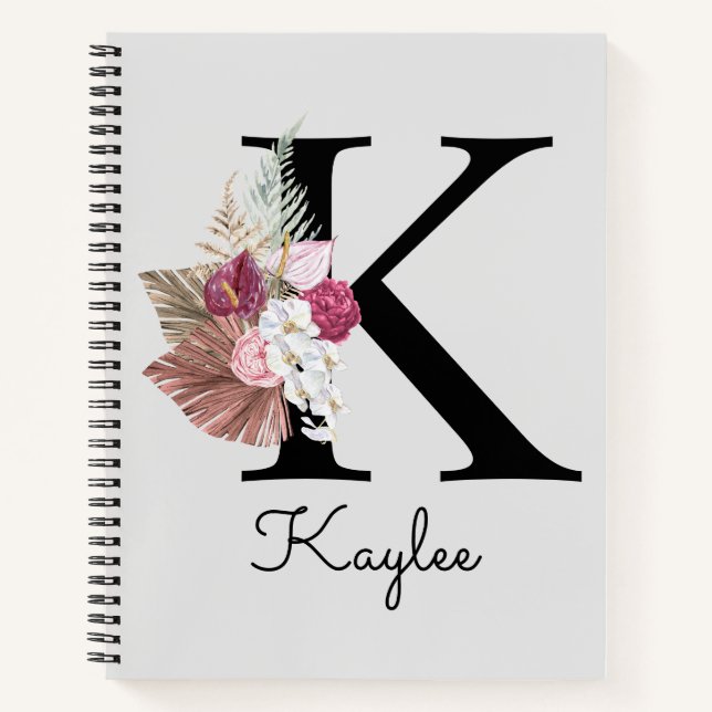 Monogrammierte Anfangsbuchstabe K Pink Boho Floral Notizbuch (Vorderseite)