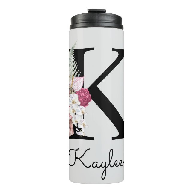 Monogrammierte Anfangsbuchstabe K Pink Boho Floral Thermosbecher (Vorderseite)