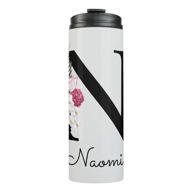 Monogrammierte Anfangsbuchstabe N Pink Boho Floral Thermosbecher (Vorderseite)