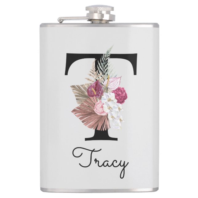 Monogrammierte Anfangsbuchstabe T Pink Boho Mädche Flachmann (Vorderseite)